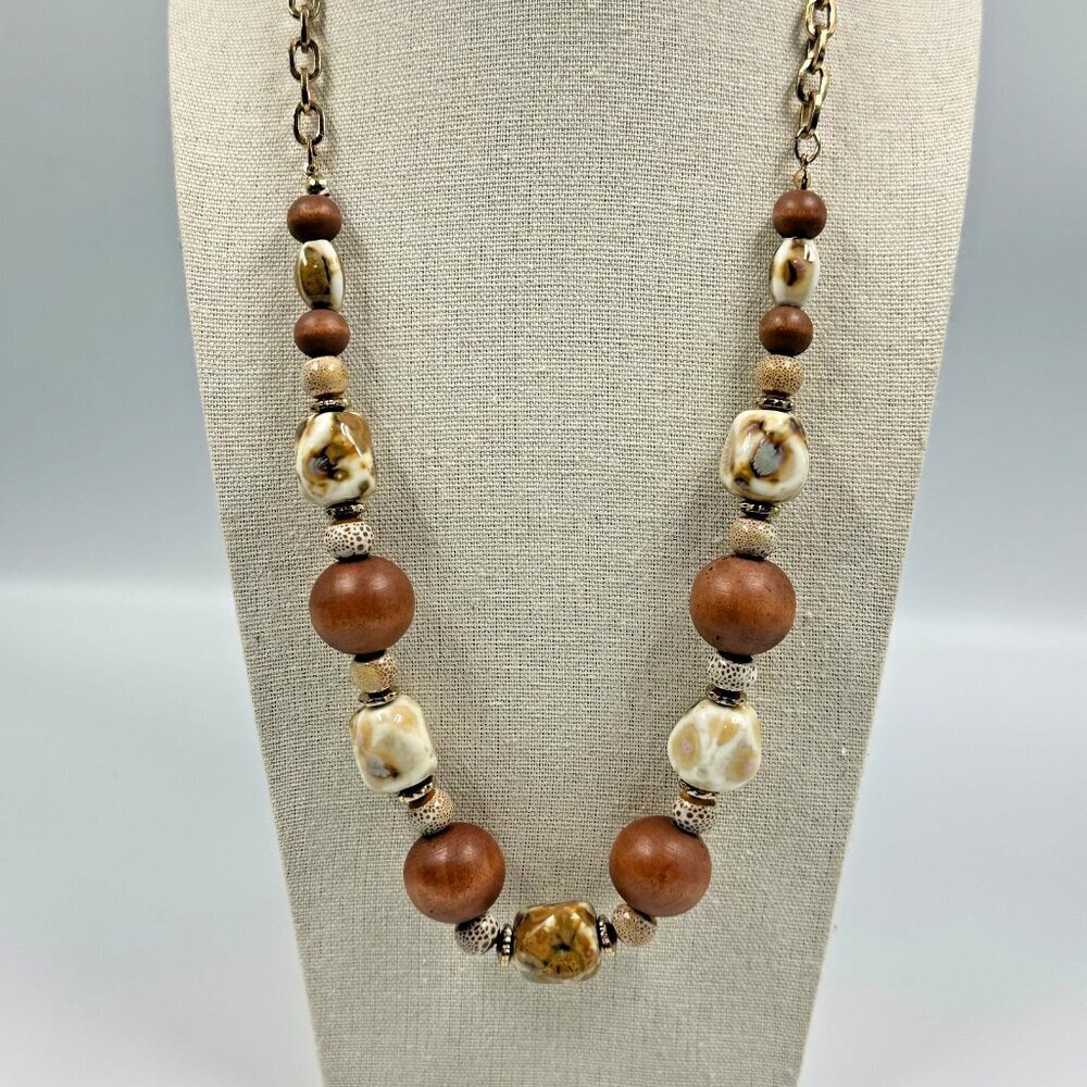 3/$30 Cato Necklace Brown Wood Beads Cream Marbled Beads Gold Chain Statement